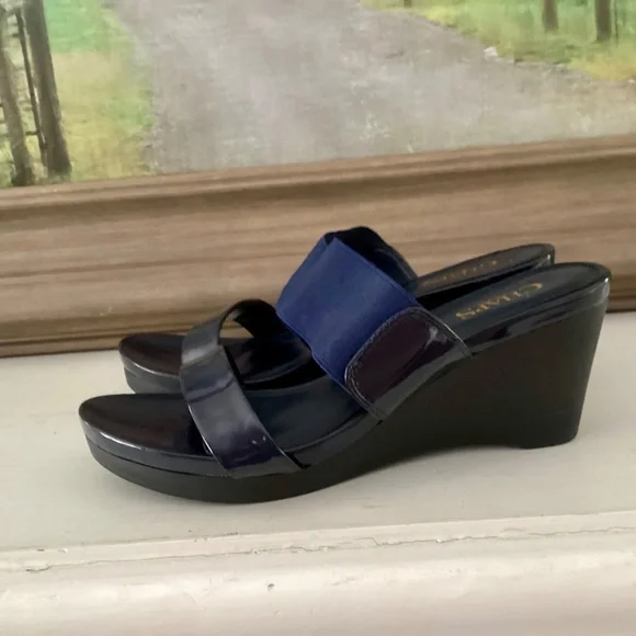 Chaps Shoes Women's Size 7.5 Navy Blue Slides Wedge Slip-on Sandals Elastic Top - Picture 4 of 10